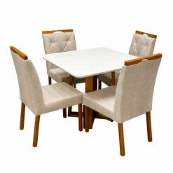 Mesa De Jantar Bali 90x90cm Com Vidro E 4 Cadeiras Jasmim Em Linho Estofadas Minas Plac Cinamomo Off White Com Tecido Bege 44187