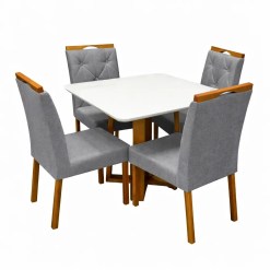 Mesa De Jantar Bali 90x90cm Com Vidro E 4 Cadeiras Jasmim Em Linho Estofadas Minas Plac Cinamomo Off White Com Tecido Cinza 15631