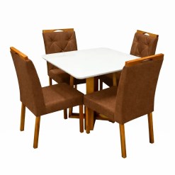 Mesa De Jantar Bali 90x90cm Com Vidro E 4 Cadeiras Jasmim Em Veludo Estofadas Minas Plac Cinamomo Off White Com Tecido Marrom 58123