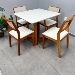 Mesa De Jantar Bali 90x90cm Com Vidro E 4 Cadeiras Oiti Em Linho Madeira Minas Plac 20945