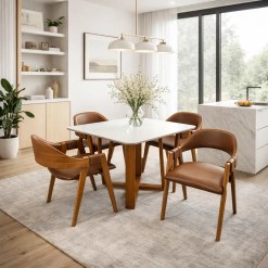 Mesa De Jantar Bali 90x90cm Com Vidro E 4 Cadeiras Perola Em Corino Madeira Minas Plac 28422