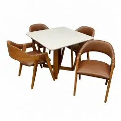 Mesa De Jantar Bali 90x90cm Com Vidro E 4 Cadeiras Perola Em Corino Madeira Minas Plac Cinamomo Off White Com Tecido Marrom 61315
