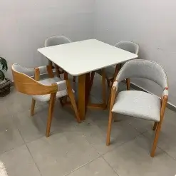 Mesa De Jantar Bali 90x90cm Com Vidro E 4 Cadeiras Perola Em Linho Madeira Minas Plac 50544