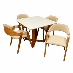 Mesa De Jantar Bali 90x90cm Com Vidro E 4 Cadeiras Perola Em Linho Madeira Minas Plac Cinamomo Off White Com Tecido Bege 61155