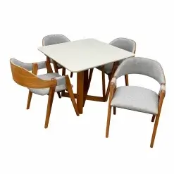 Mesa De Jantar Bali 90x90cm Com Vidro E 4 Cadeiras Perola Em Linho Madeira Minas Plac Cinamomo Off White Com Tecido Cinza 31088