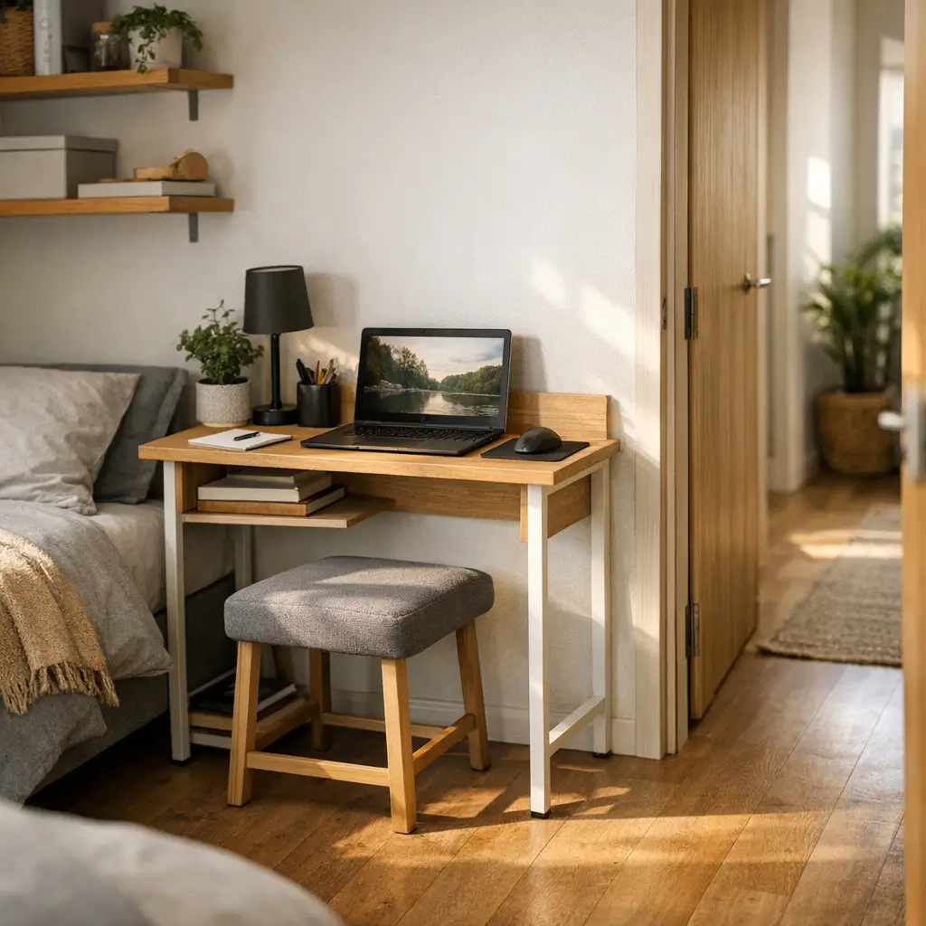 Mesa de computador pequena para quarto: dicas rápidas com notebook em mesa de madeira ao lado da cama