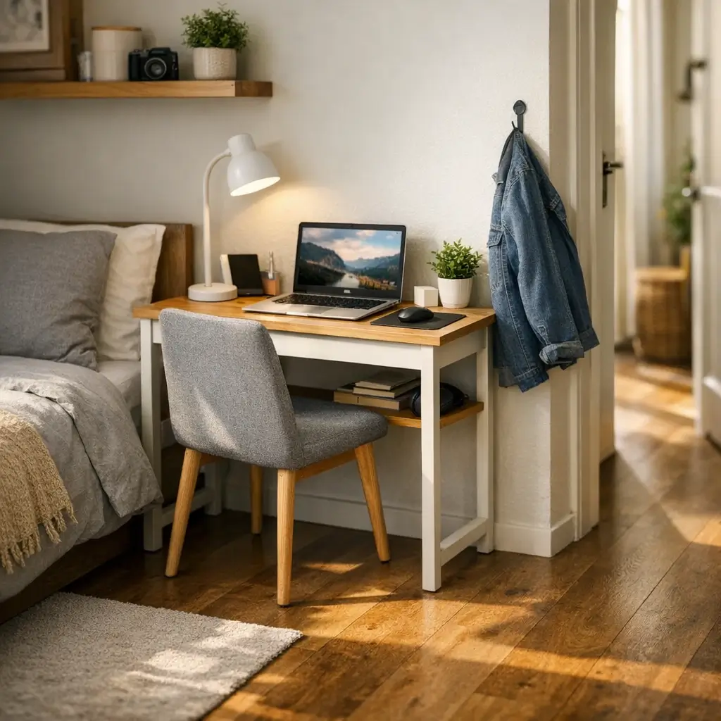 Mesa de computador pequena para quarto: dicas rápidas com notebook, luminária branca e cadeira cinza ao lado da cama