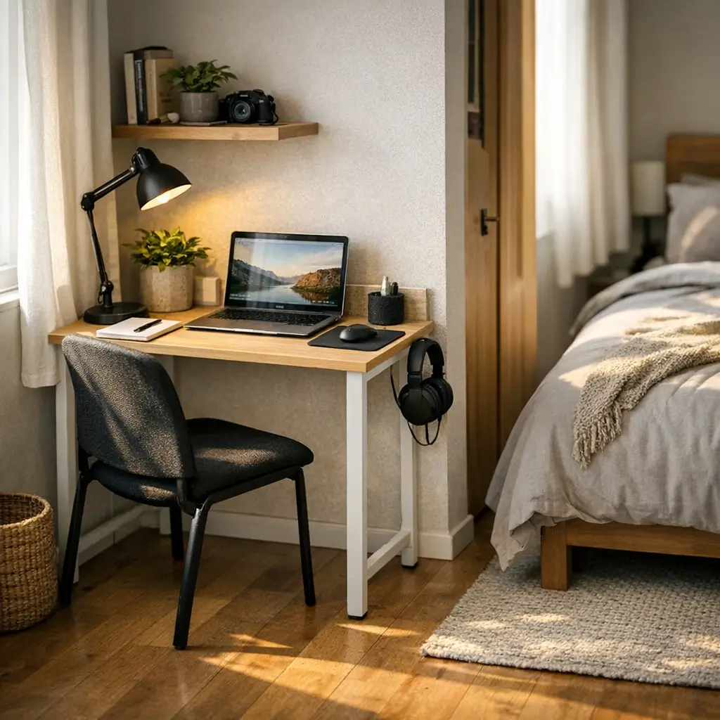 Mesa de computador pequena para quarto: dicas rápidas com notebook, luminária preta e cadeira preta ao lado da cama