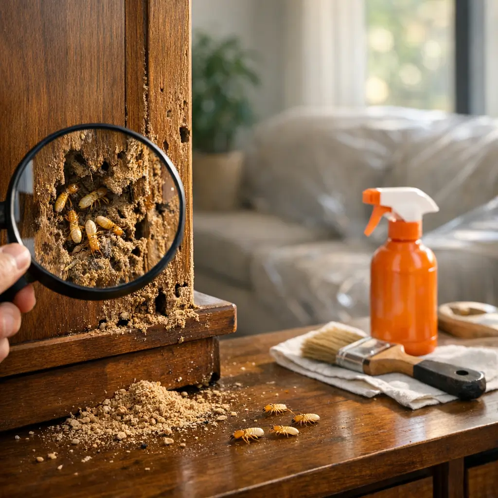 Móvel com cupim: como identificar e resolver com lupa mostrando cupins na madeira
