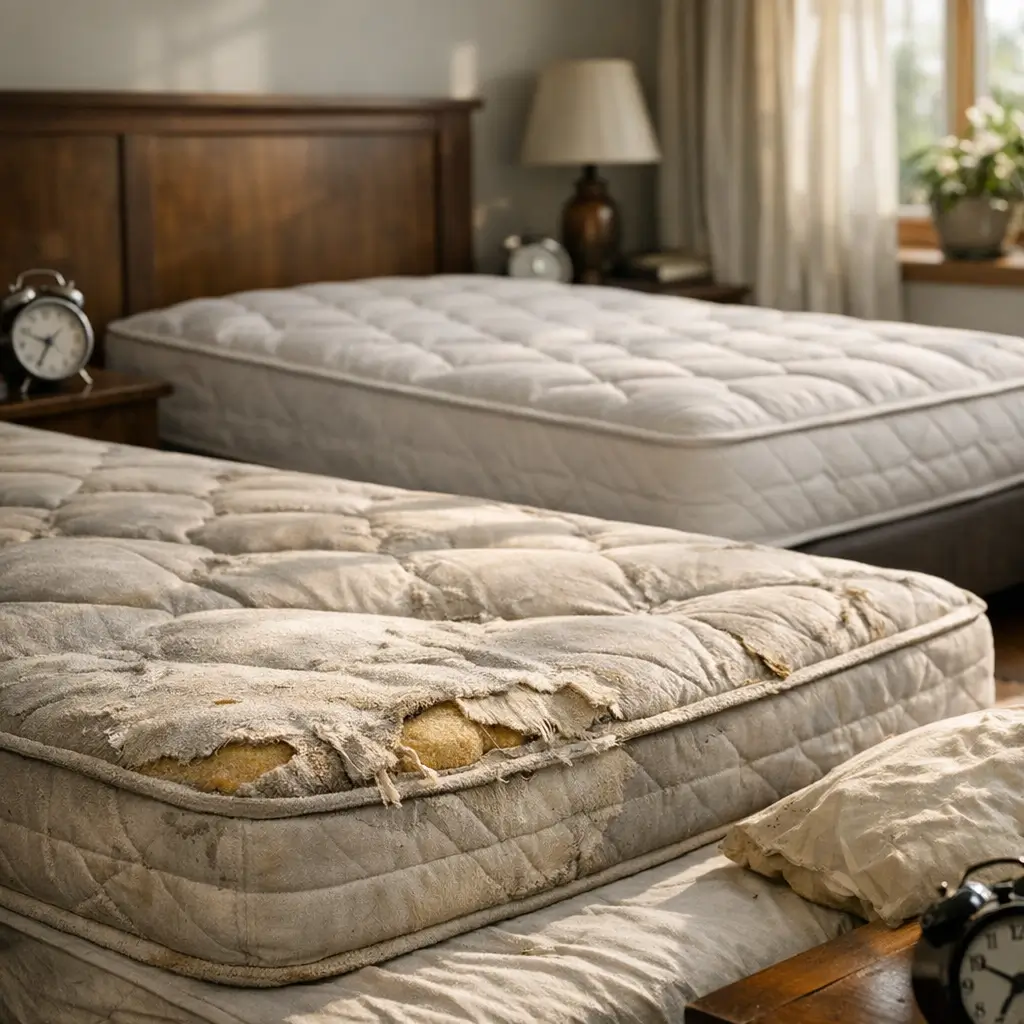 Quanto tempo dura um colchão de casal: sinais de troca com colchão velho rasgado na frente e colchão novo ao fundo no quarto