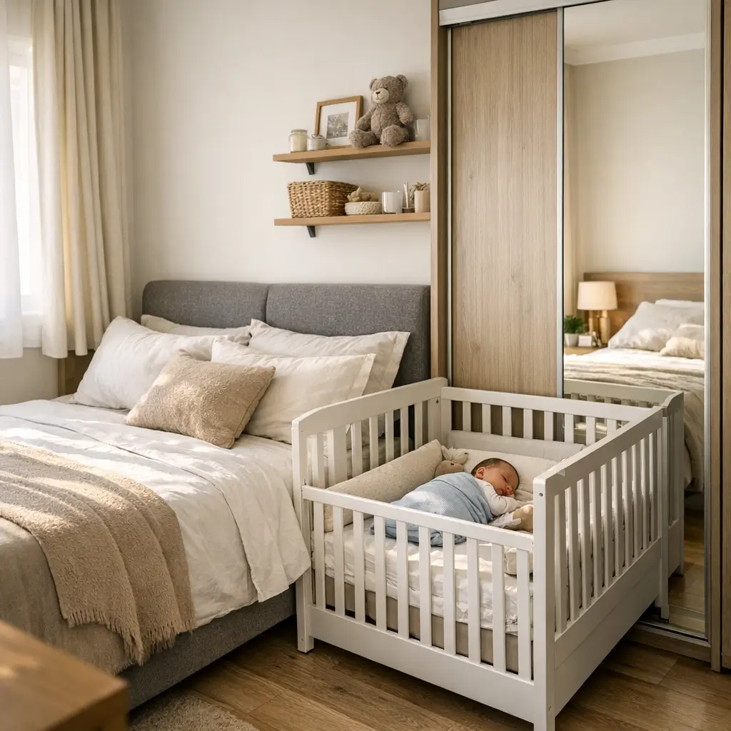 Quarto de casal pequeno com bebê: dicas de organização com berço branco ao lado da cama, guarda-roupa espelhado e prateleiras decoradas