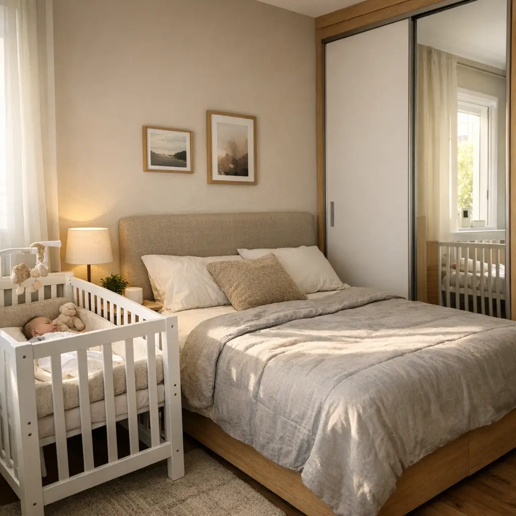 Quarto de casal pequeno com bebê: dicas de organização com berço branco, cama box e guarda-roupa com porta de correr