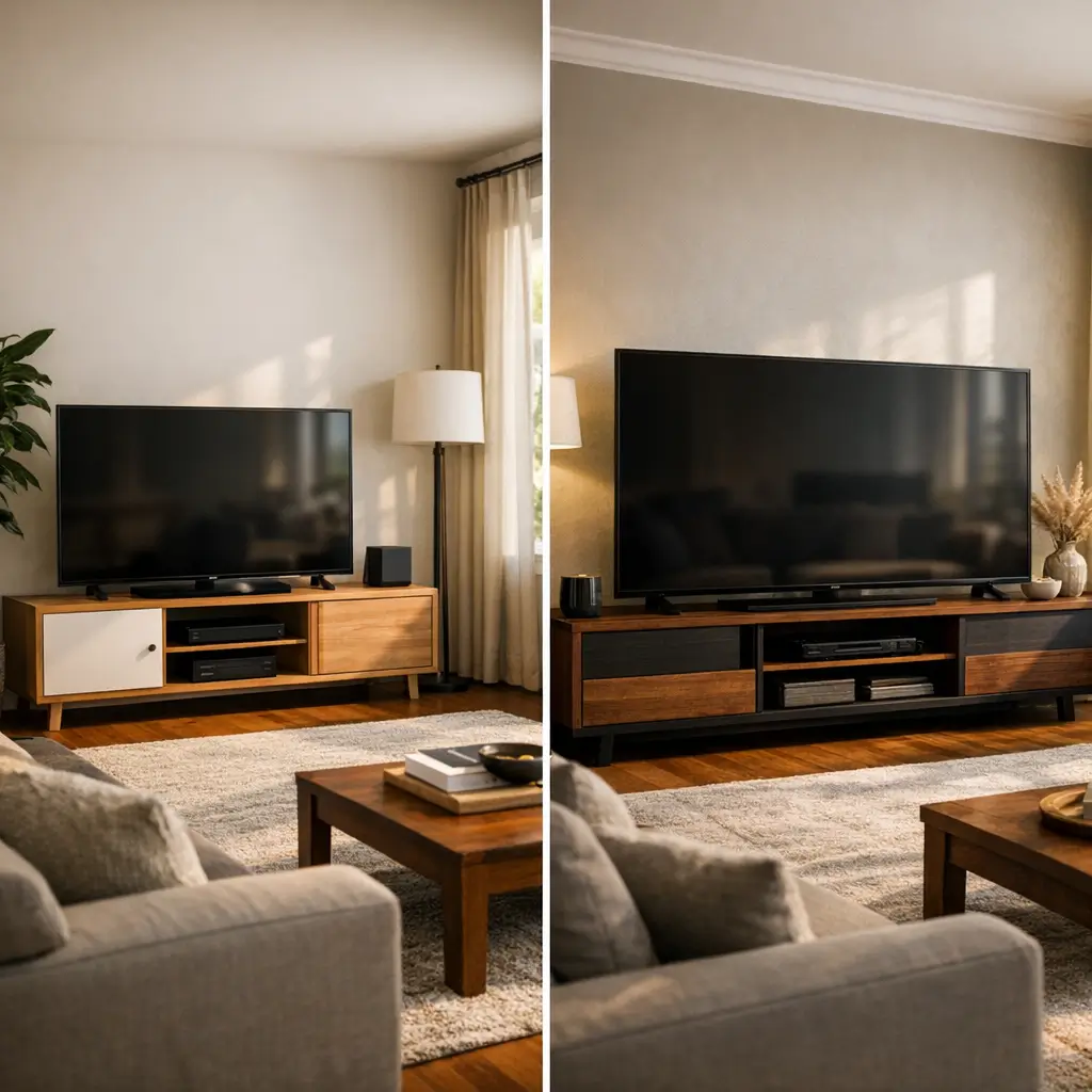 Rack para TV: como escolher o tamanho certo, comparação de dois racks com TV na sala