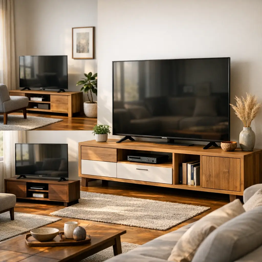 Rack para TV: como escolher o tamanho certo, sala com rack grande e dois racks menores com TVs