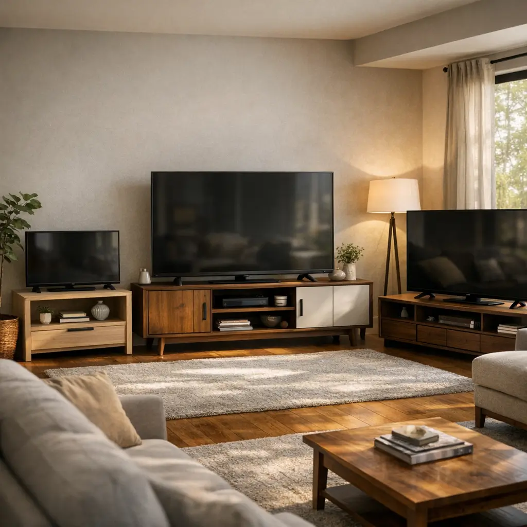 Rack para TV: como escolher o tamanho certo, três racks com TVs na sala e luminária de piso