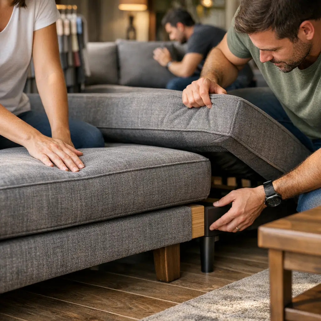 Sofá barato que não afunda: como escolher na loja com casal avaliando pés e assento do sofá