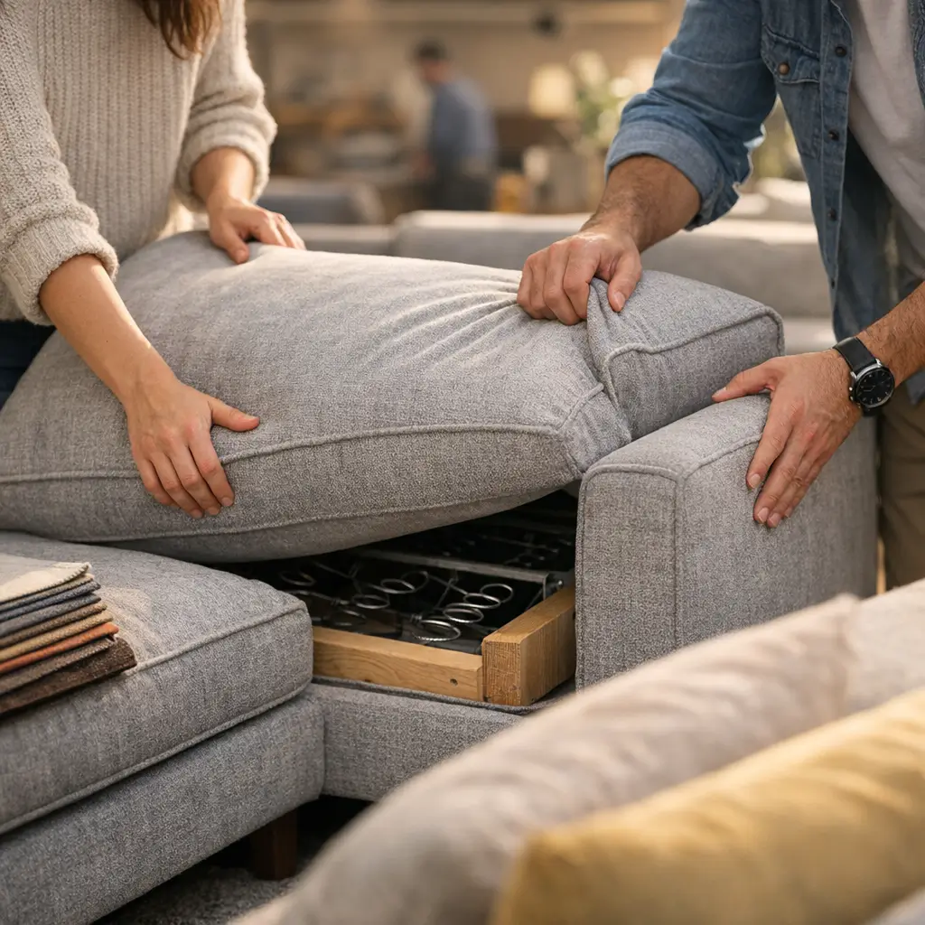 Sofá barato que não afunda: como escolher na loja com casal verificando molas e estrutura do assento