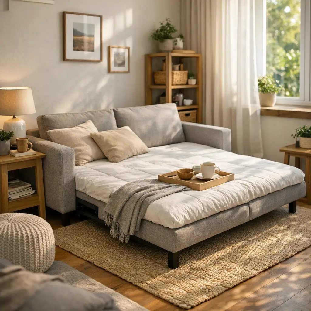 Sofá-cama bom e barato para sala pequena aberto com manta cinza e bandeja de café