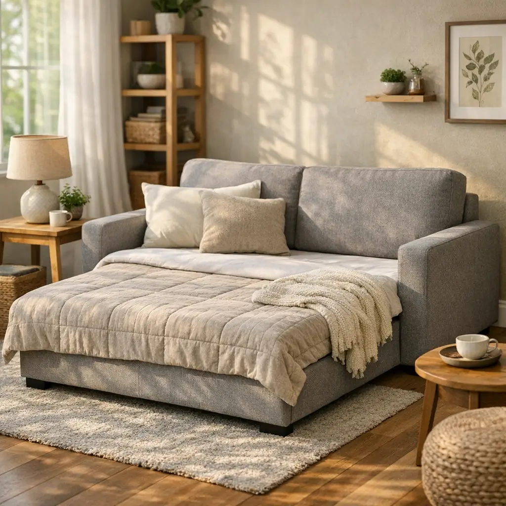 Sofá-cama bom e barato para sala pequena com manta bege e almofadas claras