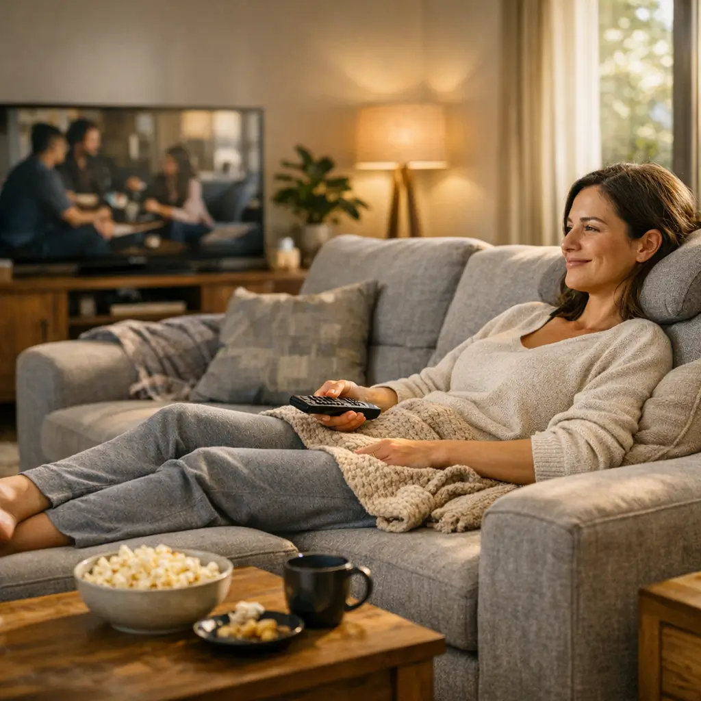 Sofá confortável para maratonar série com pessoa deitada vendo TV, pipoca e manta