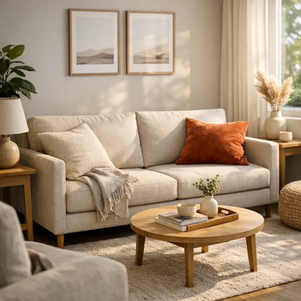 Sofá para sala pequena: escolha o modelo certo com sofá bege, almofada terracota e mesa de centro de madeira