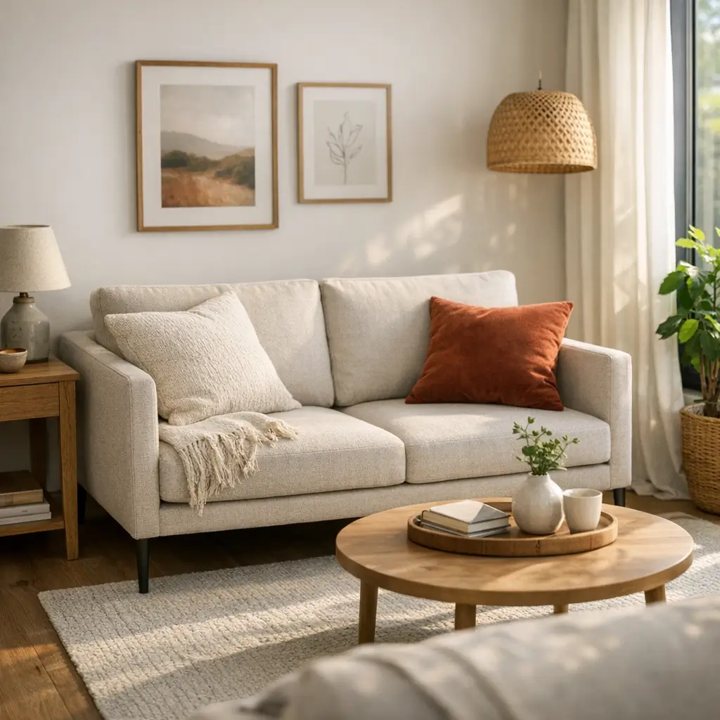 Sofá para sala pequena: escolha o modelo certo com sofá bege, almofada terracota e mesa de centro redonda de madeira