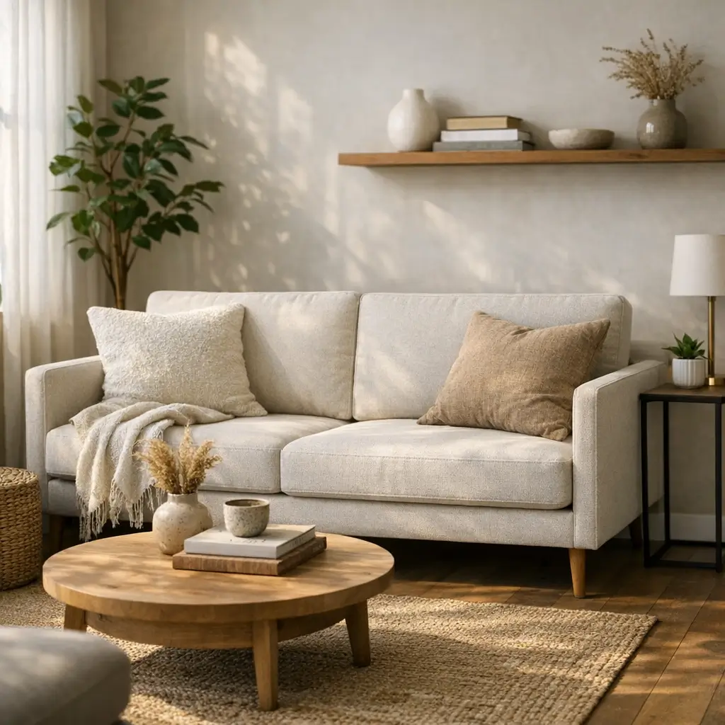 Sofá para sala pequena: escolha o modelo certo com sofá bege, mesa de centro de madeira e prateleira decorada