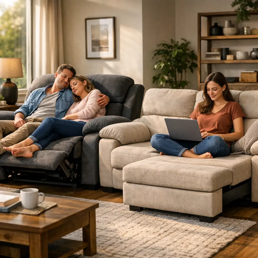 Sofá reclinável vale a pena: prós e contras com casal relaxando e mulher usando notebook em sofá reclinável na sala