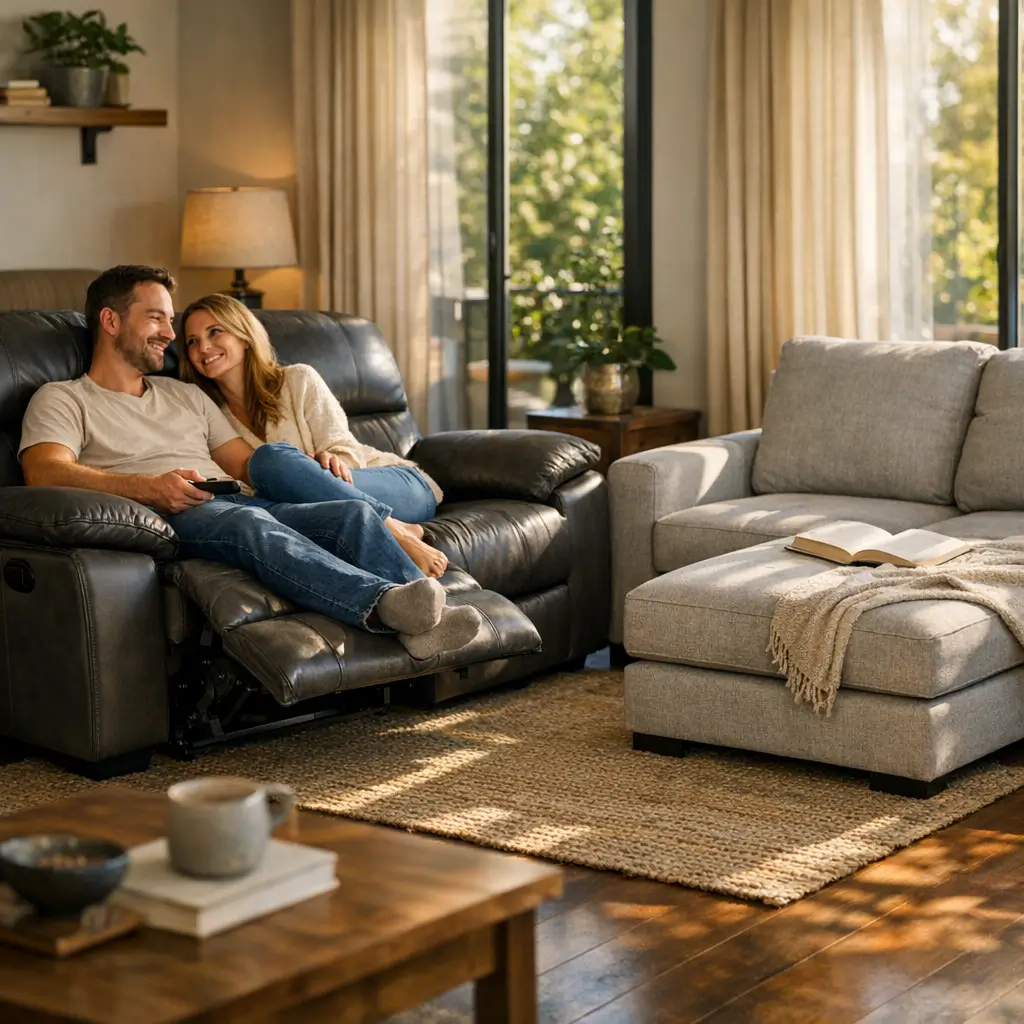 Sofá reclinável vale a pena: prós e contras com casal relaxando em sofá reclinável de couro em sala iluminada