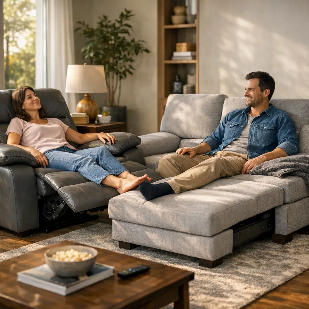 Sofá reclinável vale a pena: prós e contras com casal relaxando em sofás reclináveis cinza na sala