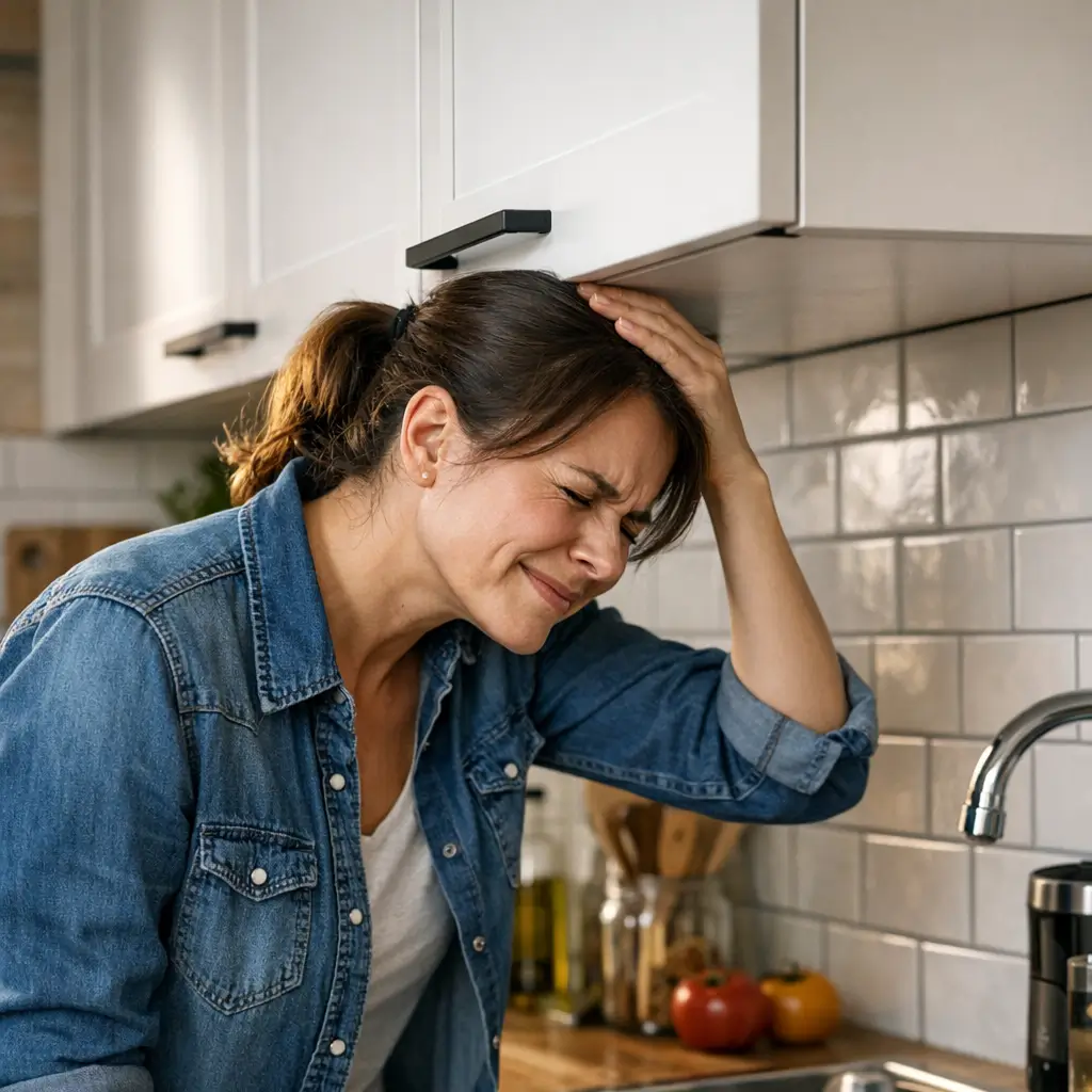 Altura ideal do armário aéreo de cozinha: quantos cm deixar, mulher batendo a cabeça no armário aéreo perto da pia