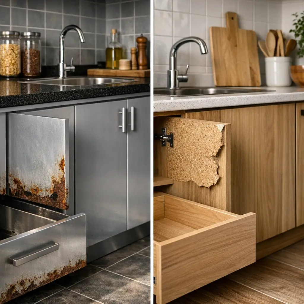 Armário de cozinha de aço ou MDF: qual dura mais, aço com ferrugem e MDF esfarelando na porta