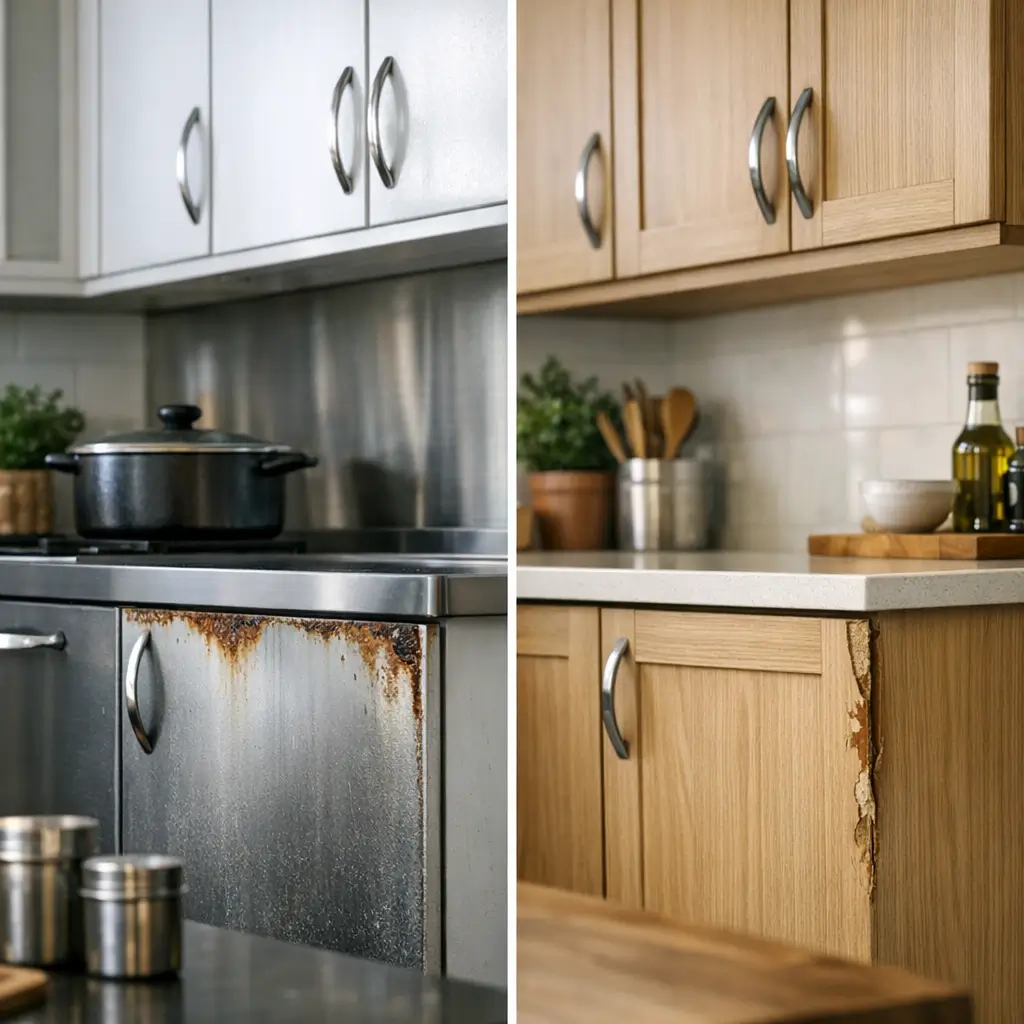 Armário de cozinha de aço ou MDF: qual dura mais, armário de aço com ferrugem e MDF inchado na lateral