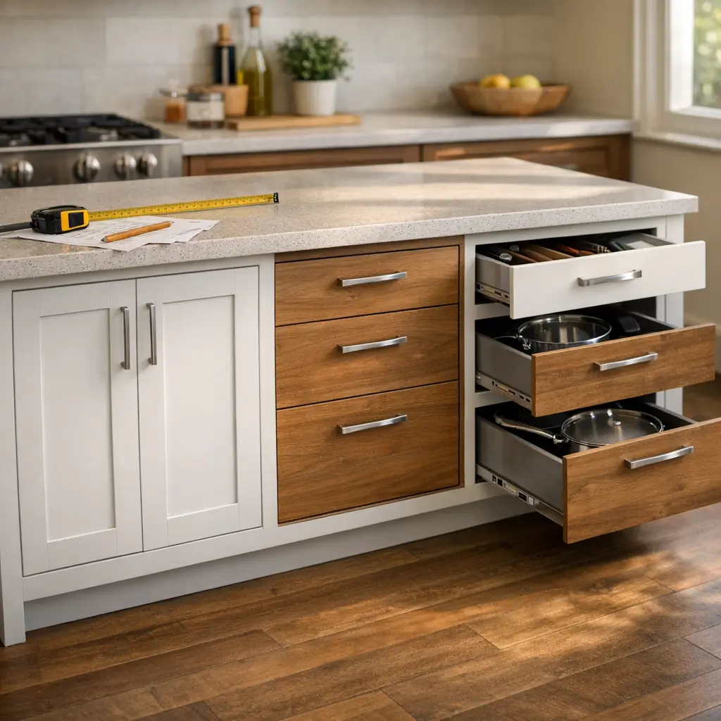 Balcão de cozinha: como escolher o tamanho ideal, fita métrica e gavetas com panelas