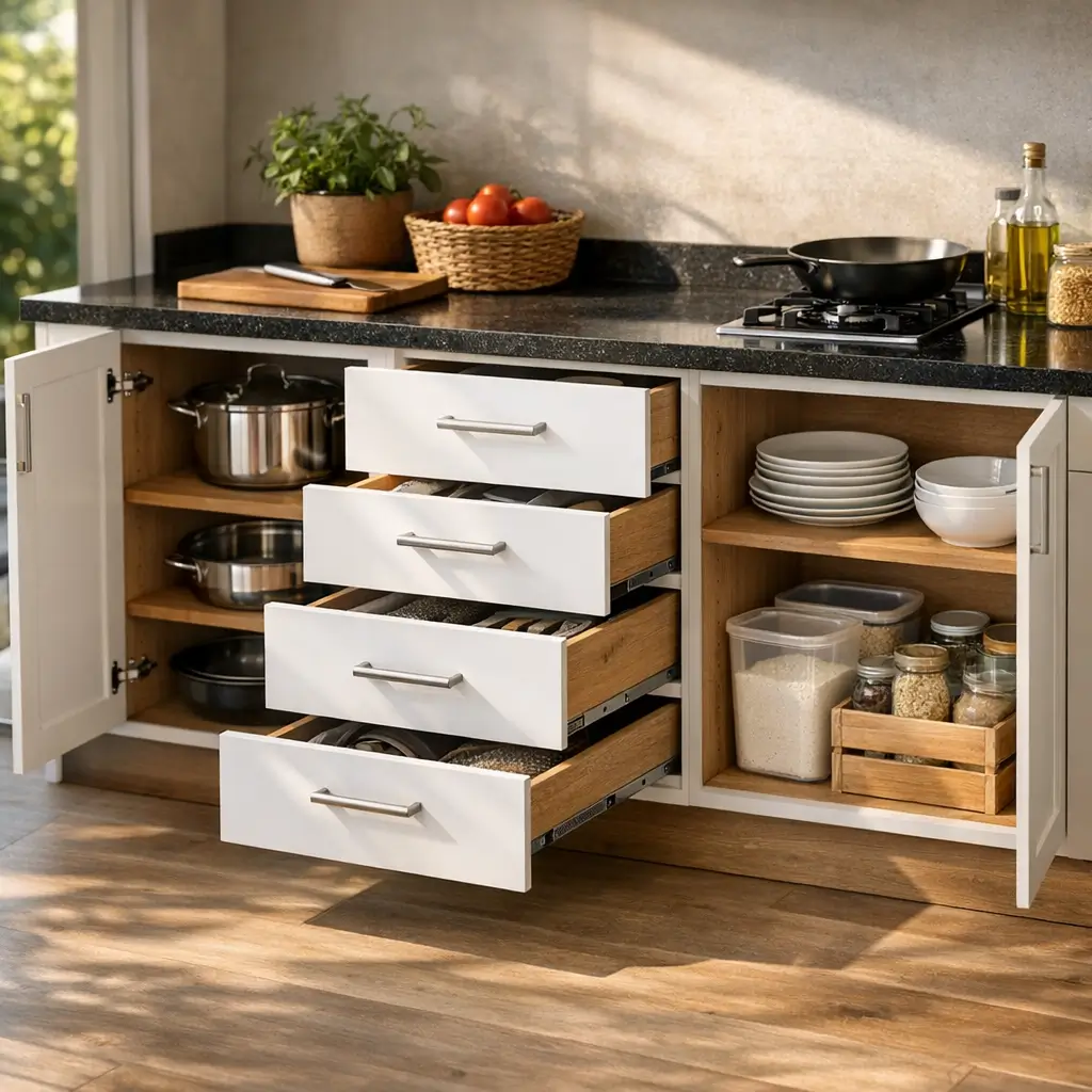 Balcão de cozinha: como escolher o tamanho ideal, gavetas abertas com panelas e potes