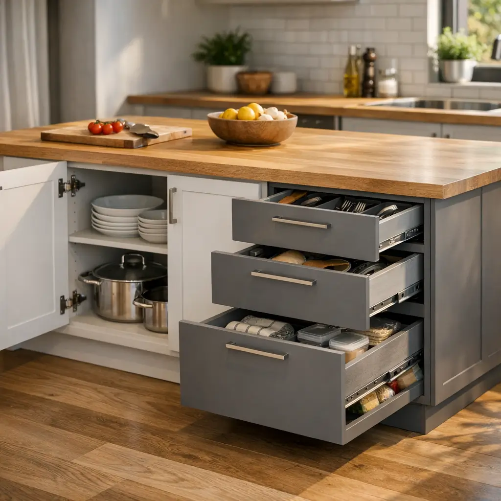 Balcão de cozinha: como escolher o tamanho ideal, ilha com gavetas abertas e panelas