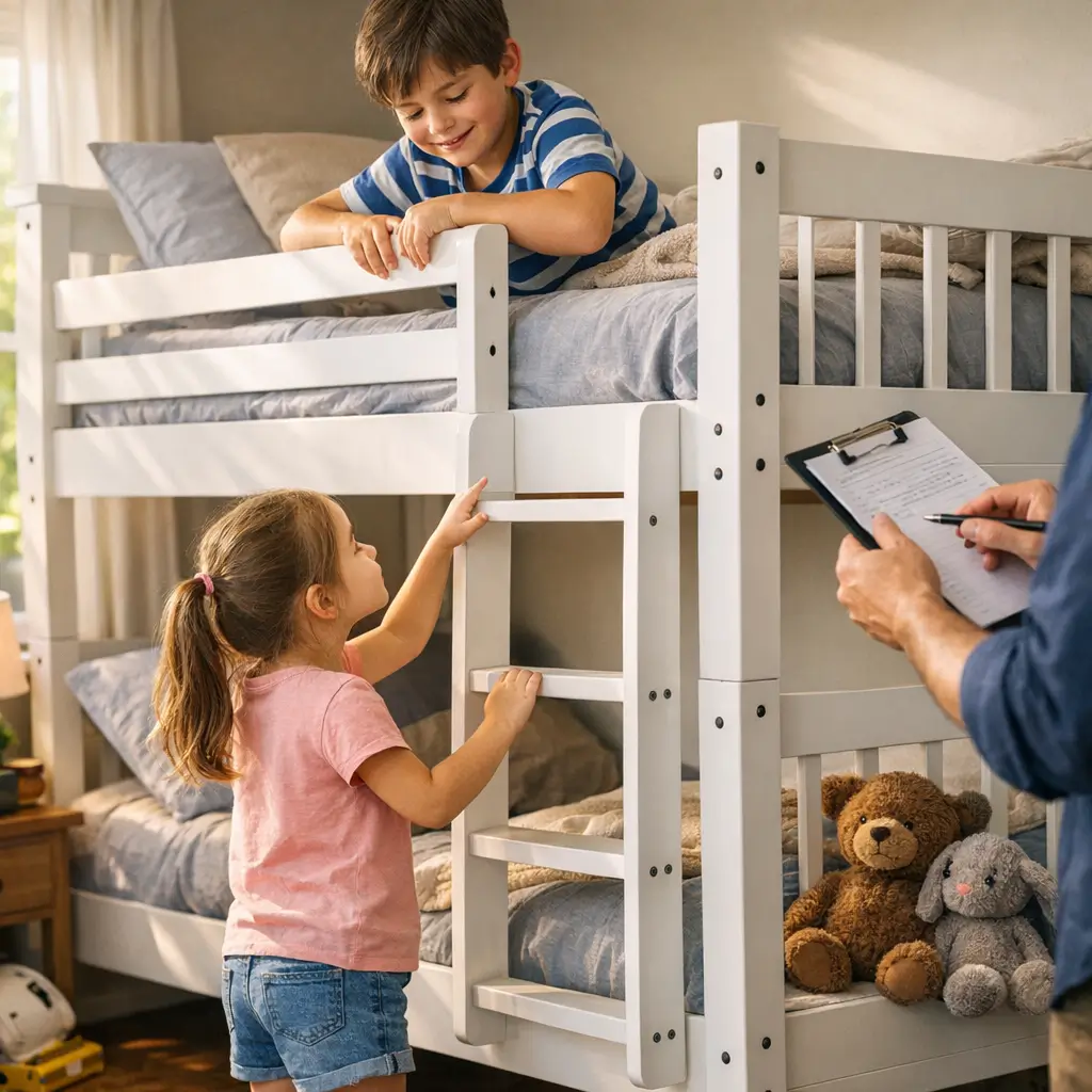 Beliche: idade recomendada e dicas de segurança, menina na escada e menino no beliche branco com adulto anotando