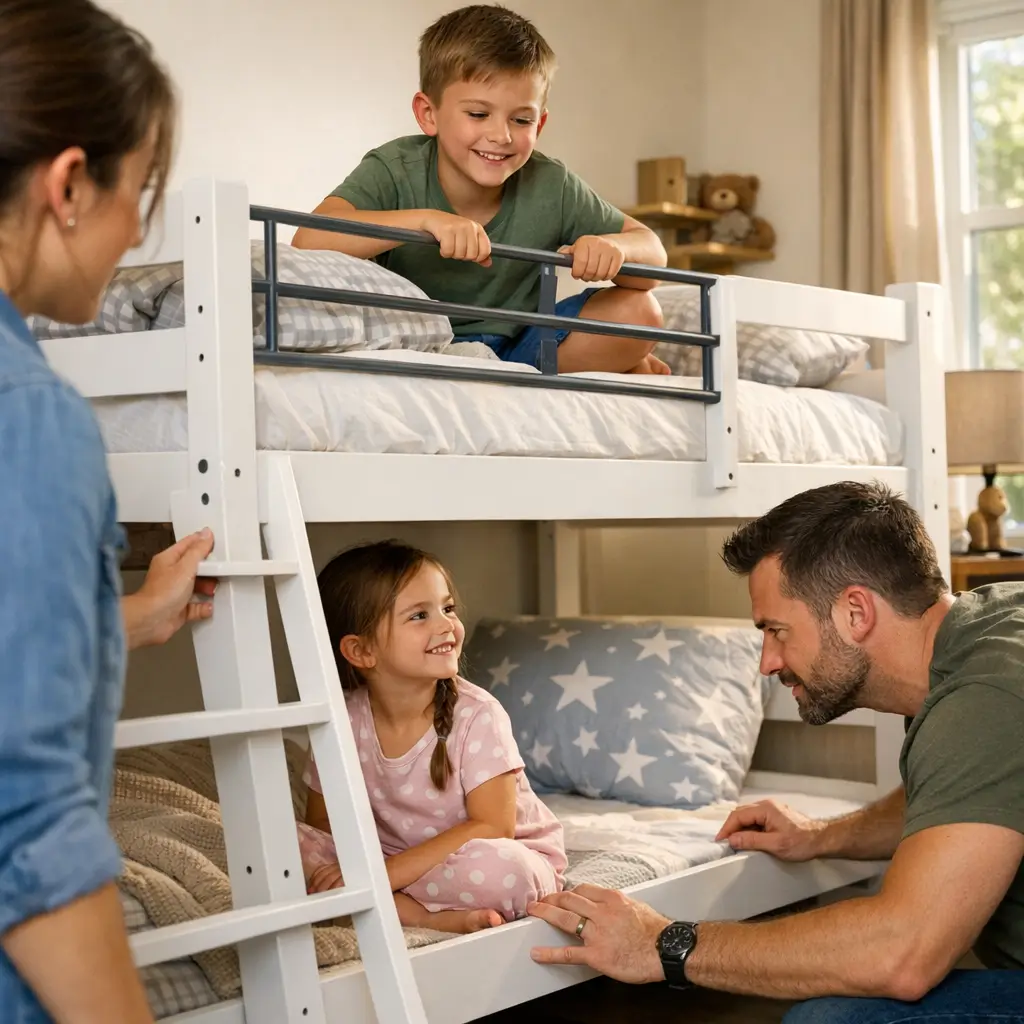 Beliche: idade recomendada e dicas de segurança, menino no beliche de cima e pais ao lado da escada e cama de baixo