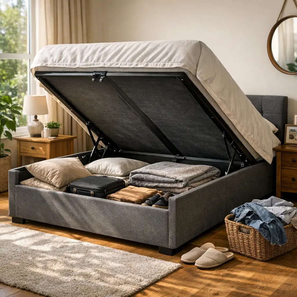 Box baú vale a pena: prós e contras, box baú aberto com mala e cobertores