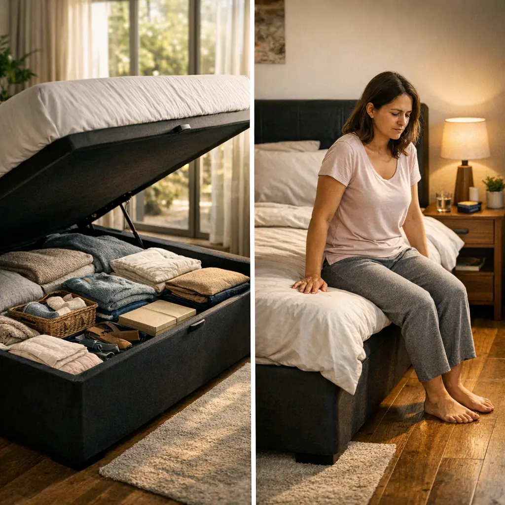 Box baú vale a pena: prós e contras, box baú aberto com roupas e mulher sentada na cama