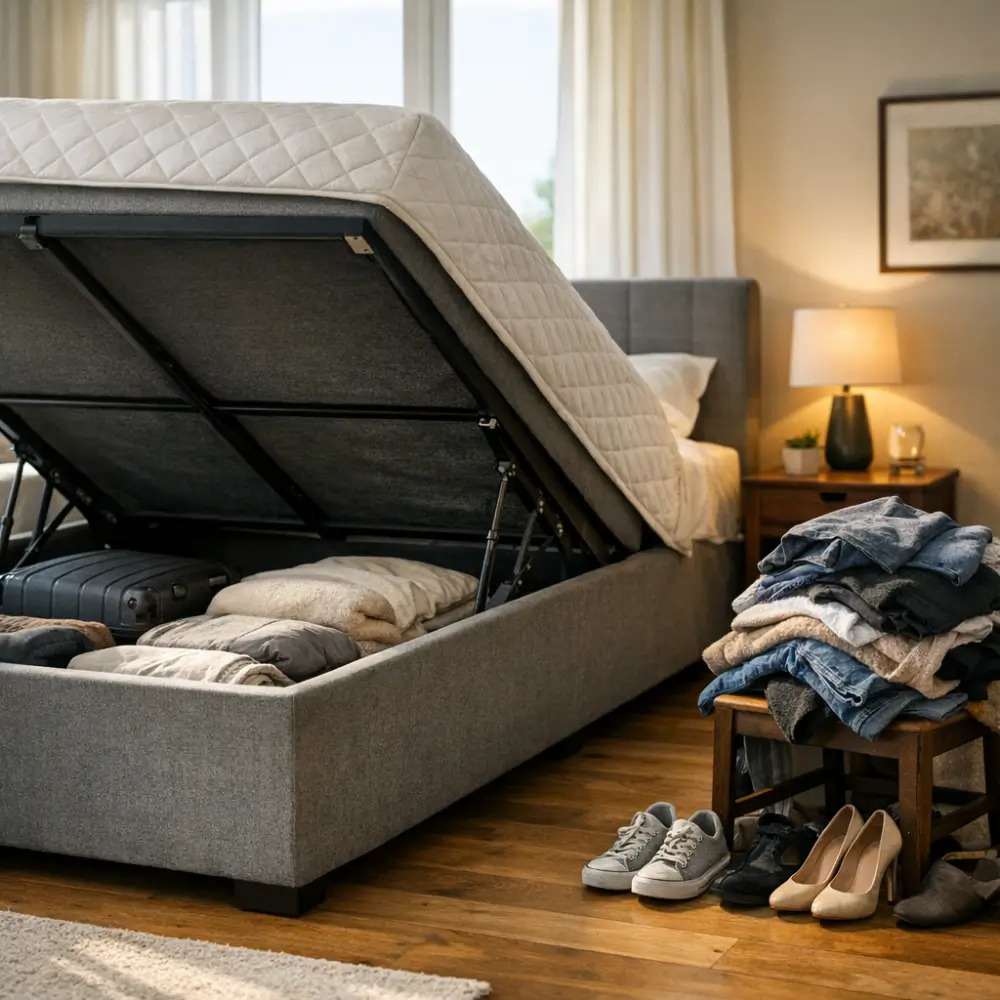 Box baú vale a pena: prós e contras, cama box aberta com mala e cobertas