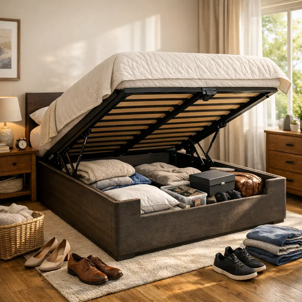 Box baú vale a pena: prós e contras, cama box baú aberta com travesseiros e caixas