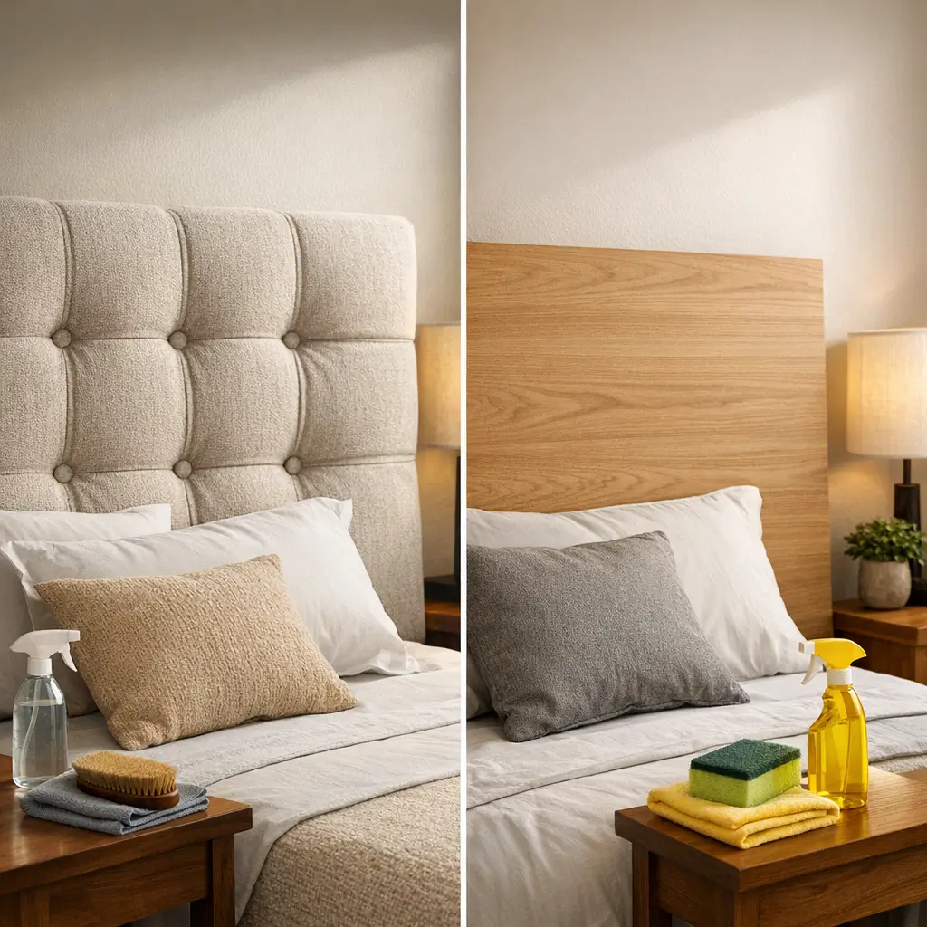 Cabeceira estofada ou de MDF: qual vale mais a pena? cabeceira estofada capitonê e cabeceira MDF com panos e spray