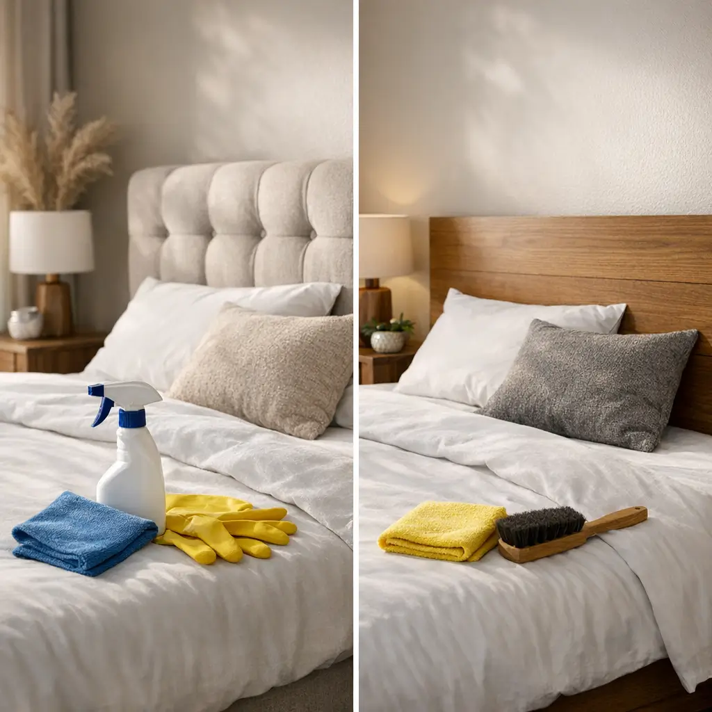 Cabeceira estofada ou de MDF: qual vale mais a pena? cama com cabeceira estofada e cabeceira MDF, pano, luvas e spray de limpeza