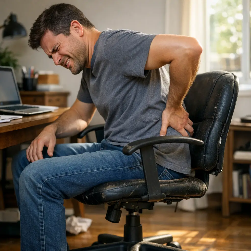 Cadeira de escritório barata: como escolher sem erro, homem com dor lombar em cadeira gasta no escritório