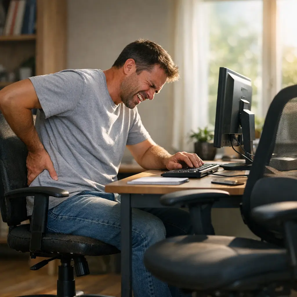 Cadeira de escritório barata: como escolher sem erro, homem com dor lombar no computador