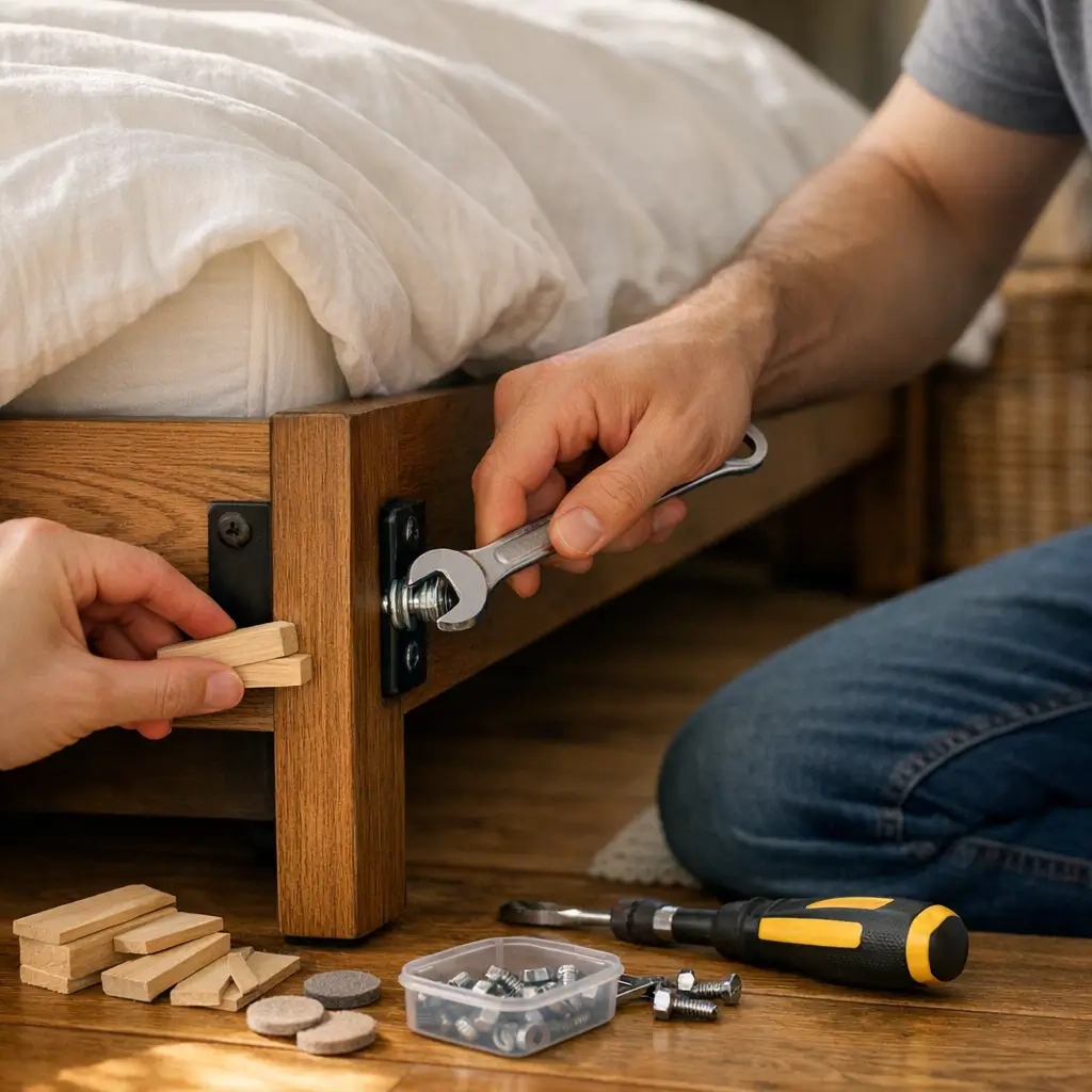 Cama fazendo barulho: como acabar com o rangido, apertando parafuso na cama e colocando calço de madeira