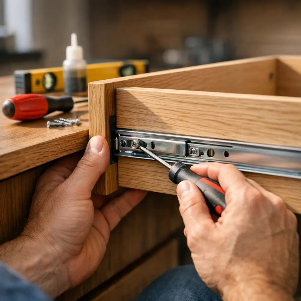 Chave apertando parafuso da corrediça em gaveta de madeira Gaveta emperrando: como destravar e ajustar