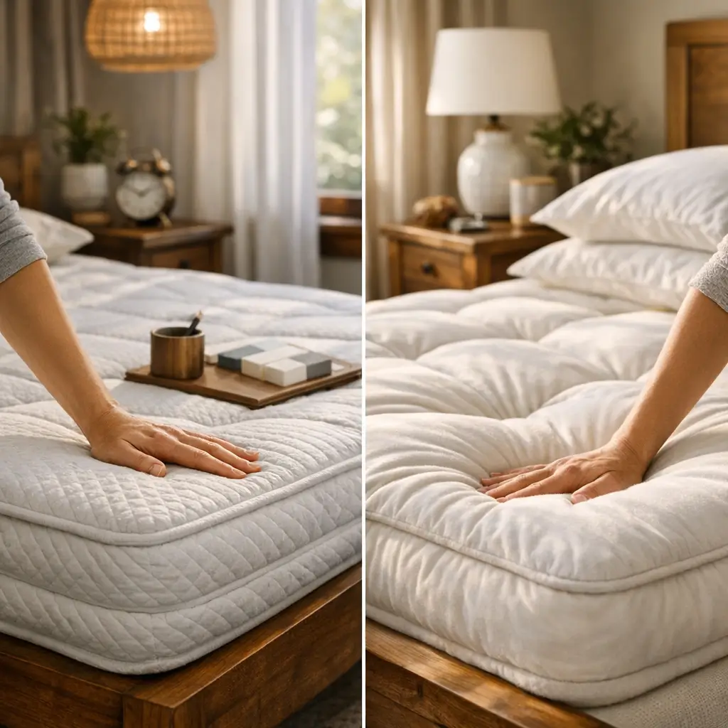 Colchão firme ou macio: como escolher a firmeza, mão pressionando colchão firme e macio