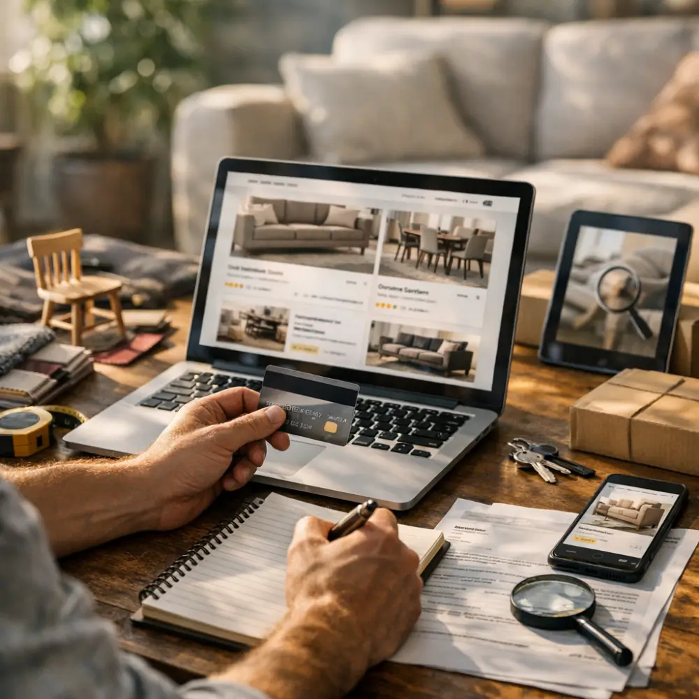 Como comprar móveis pela internet com segurança, mão com cartão e laptop com móveis